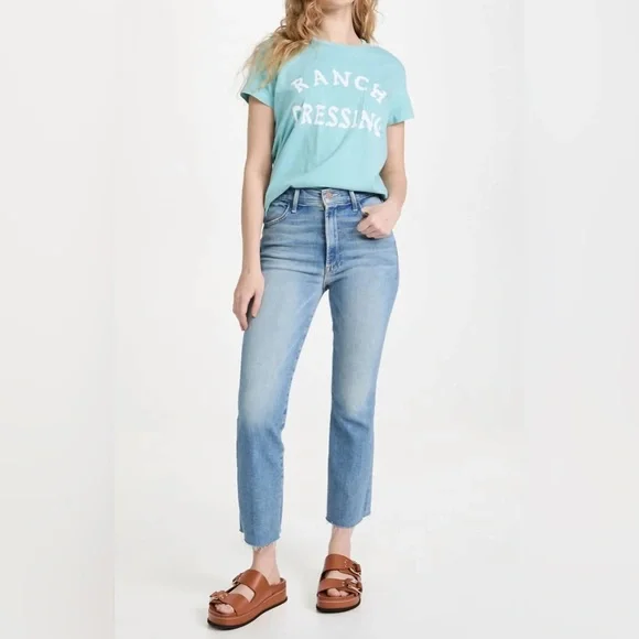 MOTHER The Hustler High Rise cropped Leg Ankle Fray Jeans Au Revoir size 32
